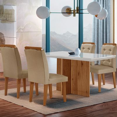 Sala de Jantar Mesa Olímpia 120CM MDF Vidro Canto Reto com 4 Cadeiras Carol Moderna Turim / Off White / Imbuia