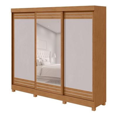 Guarda-Roupa Casal com Espelho e Pés Nice 3 Portas 6 Gavetas Amêndoa Clean e Off White