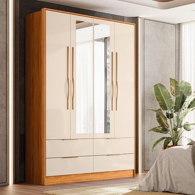 Guarda-Roupa Casal com Espelho Domo 4 Portas 4 Gavetas Cinnamon e Off White