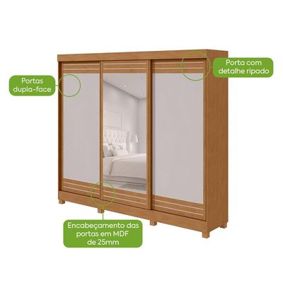 Guarda-Roupa Casal com Espelho e Pés Nice 3 Portas 6 Gavetas Amêndoa Clean e Off White