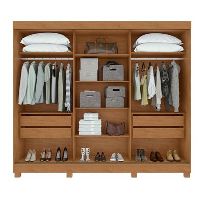Guarda-Roupa Casal com Espelho e Pés Nice 3 Portas 4 Gavetas Amêndoa Clean e Off White