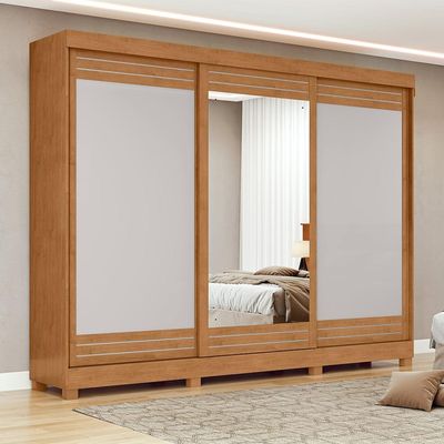 Guarda-Roupa Casal com Espelho e Pés Nice 3 Portas 4 Gavetas Amêndoa Clean e Off White