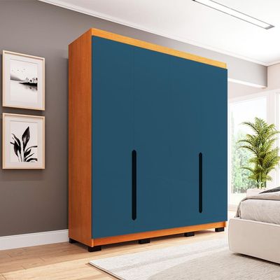 Guarda-Roupa Solteiro Madrid 4 Portas 4 Gavetas Freijó e Azul