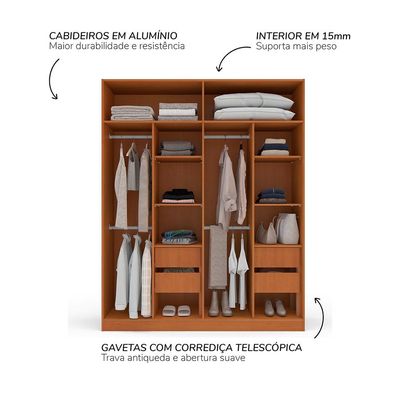 Guarda-Roupa Solteiro com Espelho Madrid 4 Portas 4 Gavetas Freijó e Azul