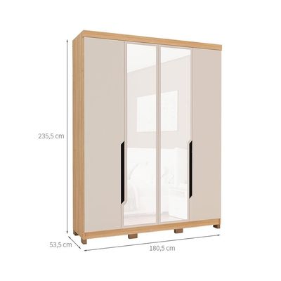 Guarda-Roupa Solteiro com Espelho Barcelona 4 Portas 2 Gavetas Carvalho e Off White