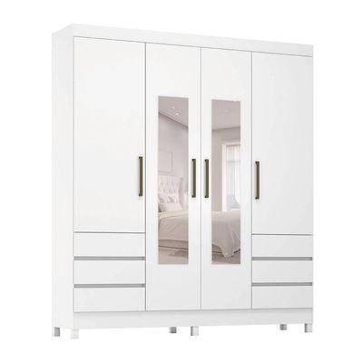 Guarda-Roupa Casal com Espelho Roma 4 Portas 6 Gavetas Branco