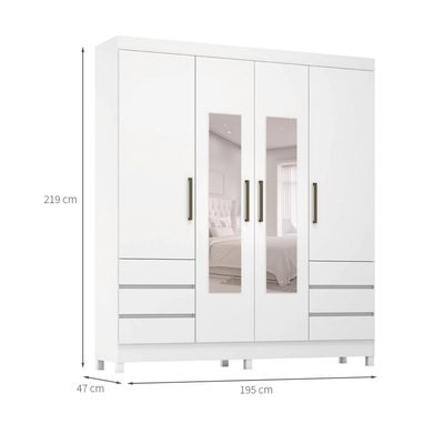 Guarda-Roupa Casal com Espelho Roma 4 Portas 6 Gavetas Branco