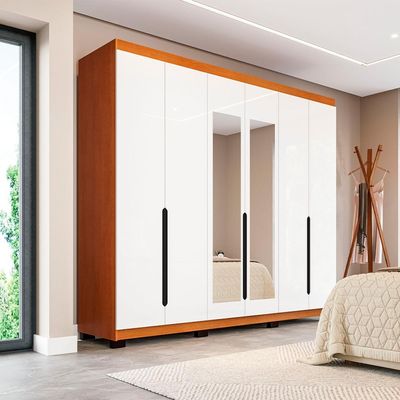 Guarda-Roupa Casal com Espelho Madrid 6 Portas 4 Gavetas Freijó e Branco
