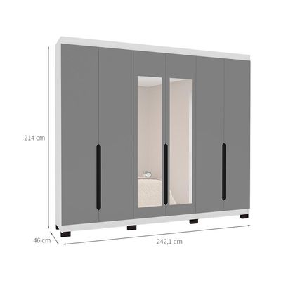 Guarda-Roupa Casal com Espelho Madrid 6 Portas 4 Gavetas Branco e Cinza