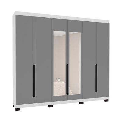 Guarda-Roupa Casal com Espelho Madrid 6 Portas 4 Gavetas Branco e Cinza