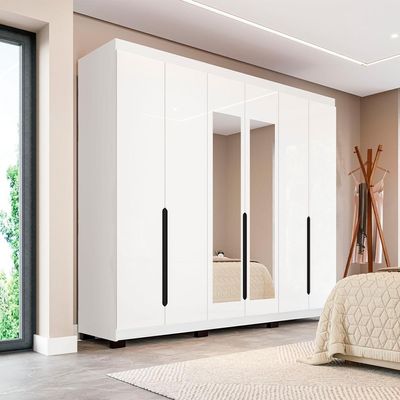 Guarda-Roupa Casal com Espelho Madrid 6 Portas 4 Gavetas Branco
