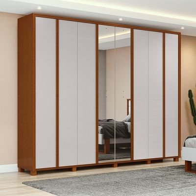 Guarda-Roupa Casal com Espelho e Pés Ergon 8 Portas 6 Gavetas Frassino e Off White