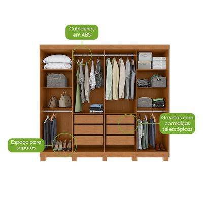 Guarda-Roupa Casal com Pés Serenata 8 Portas 6 Gavetas Amêndoa Clean e Off White