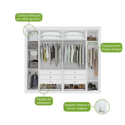Guarda-Roupa Casal com Espelho Pés e Sapateiro Imperatore 6 Portas 6 Gavetas Branco