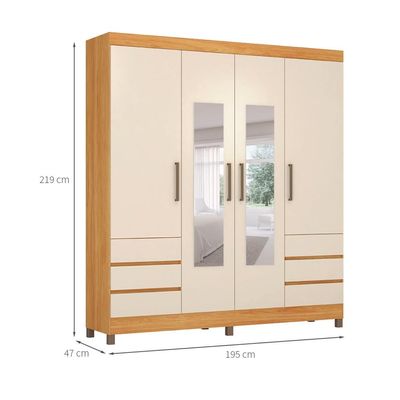 Guarda-Roupa Casal com Espelho Roma 4 Portas 6 Gavetas Cinnamon e Off White