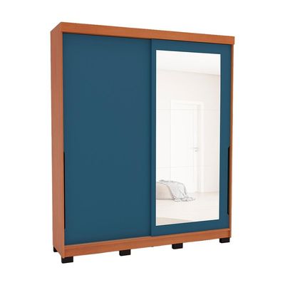 Guarda-Roupa Casal com Espelho Madrid 2 Portas 2 Gavetas Freijó e Azul