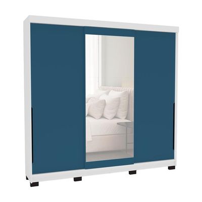 Guarda-Roupa Casal com Espelho Madrid 3 Portas 2 Gavetas Branco e Azul