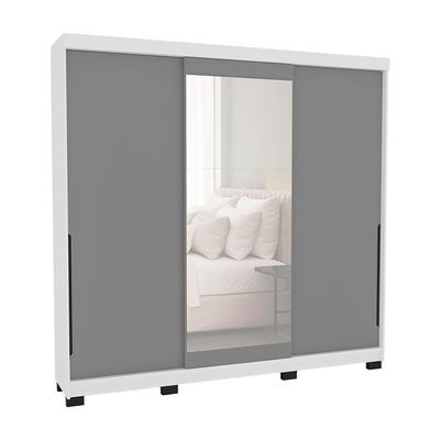 Guarda-Roupa Casal com Espelho Madrid 3 Portas 2 Gavetas Branco e Cinza