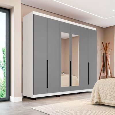 Guarda-Roupa Casal com Espelho Madrid 6 Portas 4 Gavetas Branco e Cinza
