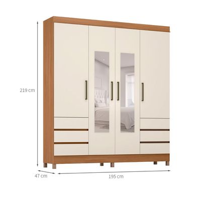 Guarda-Roupa Casal com Espelho Roma 4 Portas 6 Gavetas Amêndola e Off White