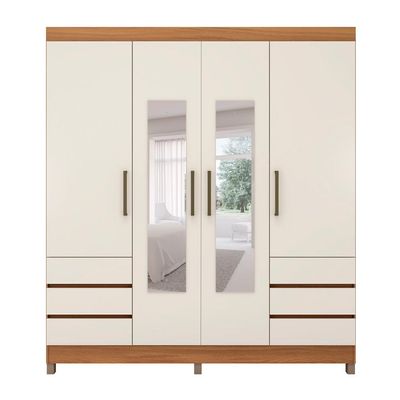 Guarda-Roupa Casal com Espelho Roma 4 Portas 6 Gavetas Amêndola e Off White
