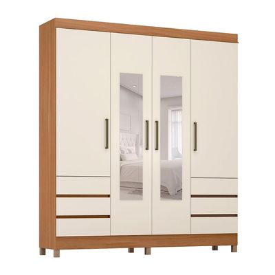Guarda-Roupa Casal com Espelho Roma 4 Portas 6 Gavetas Amêndola e Off White
