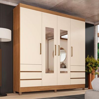 Guarda-Roupa Casal com Espelho Roma 4 Portas 6 Gavetas Amêndola e Off White