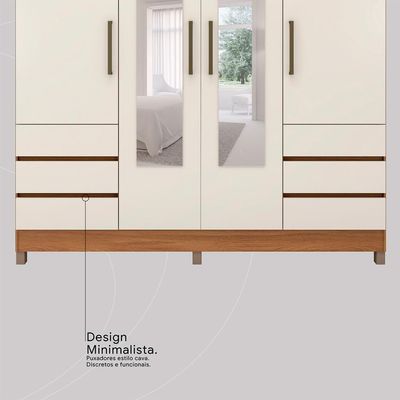 Guarda-Roupa Casal com Espelho Roma 4 Portas 6 Gavetas Amêndola e Off White