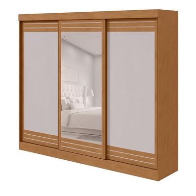 Guarda-Roupa Casal com Espelho Nice 3 Portas 4 Gavetas Amêndoa Clean e Off White