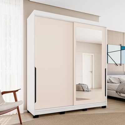 Guarda-Roupa Casal com Espelho Madrid 2 Portas 2 Gavetas Branco e Creme