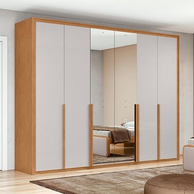 Guarda-Roupa Casal com Espelho e Sapateiro Imperatore 6 Portas 6 Gavetas Amêndoa Clean e Off White