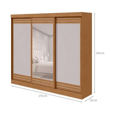 Guarda-Roupa Casal com Espelho Nice 3 Portas 4 Gavetas Amêndoa Clean e Off White