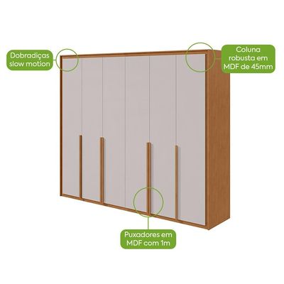 Guarda-Roupa Casal com Espelho Imperatore 6 Portas 6 Gavetas Amêndoa Clean e Off White