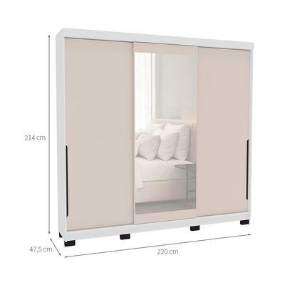 Guarda-Roupa Casal com Espelho Madrid 3 Portas 2 Gavetas Branco e Creme