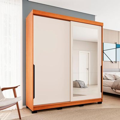 Guarda-Roupa Casal com Espelho Madrid 2 Portas 2 Gavetas Freijó e Creme