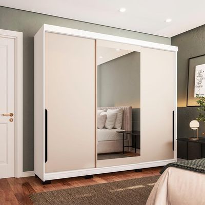 Guarda-Roupa Casal com Espelho Madrid 3 Portas 2 Gavetas Branco e Creme