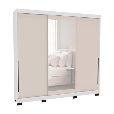 Guarda-Roupa Casal com Espelho Madrid 3 Portas 2 Gavetas Branco e Creme