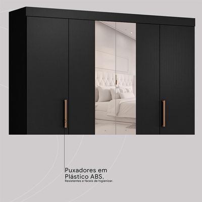 Guarda-Roupa Casal com Espelho Cadis 6 Portas 6 Gavetas Preto Prime e Amêndola