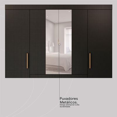 Guarda-Roupa Casal com Espelho Cadis 6 Portas 6 Gavetas Preto Prime e Amêndola
