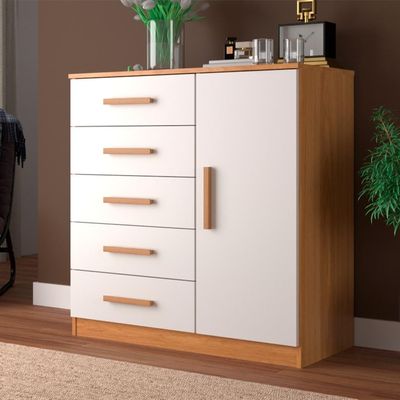 Cômoda Sapateira New Monaco 1 Porta 5 Gavetas Cinnamomo e Branca