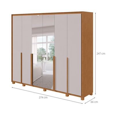 Guarda-Roupa Casal com Espelho e Pés Imperatore 6 Portas 8 Gavetas Amêndoa Clean e Off White