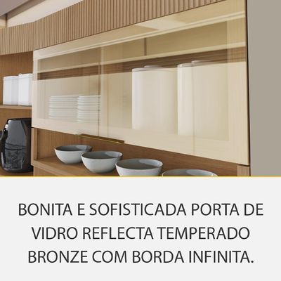 Cozinha Completa 100% MDF com Vidro Reflecta Realeza Premium 8 Portas 4 Gavetas Bege e Carvalho