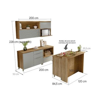 Cozinha Completa Marquesa I com Ilha 100% MDF 4 Portas 7 Gavetas Verde e Nature
