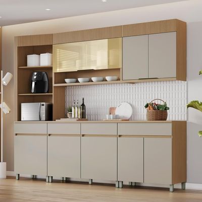 Cozinha Completa 100% MDF com Vidro Reflecta Realeza Premium 8 Portas 4 Gavetas Bege e Carvalho