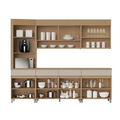 Cozinha Completa 100% MDF Realeza Premium 8 Portas 4 Gavetas Bege e Carvalho