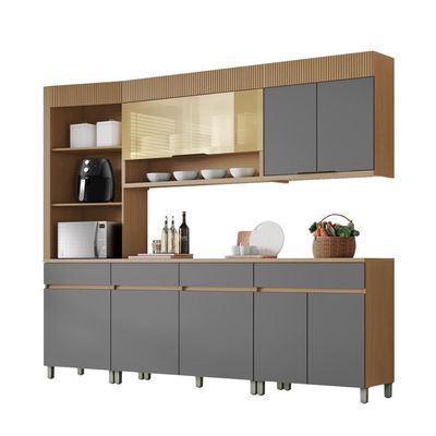 Cozinha Completa 100% MDF com Vidro Reflecta Realeza Premium 8 Portas 4 Gavetas Titânio e Carvalho