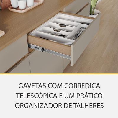 Cozinha Completa 100% MDF Realeza Premium 8 Portas 4 Gavetas Bege e Carvalho