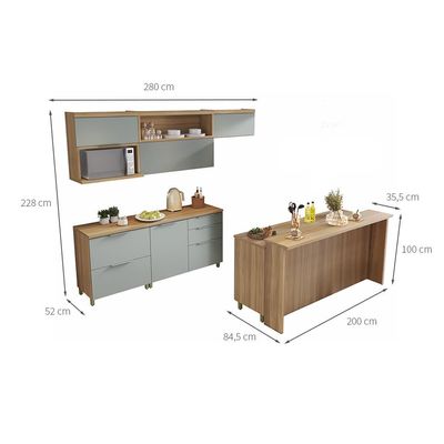 Cozinha Completa Marquesa com Ilha 100% MDF 7 Portas 8 Gavetas Verde e Nature