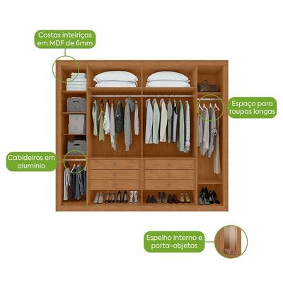 Guarda-Roupa Casal com Espelho e Pés Imperatore 6 Portas 6 Gavetas Amêndoa Clean
