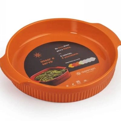 Forma Porcelana Laranja Redonda 25cm com Alça Canelada Assar e Servir Germer